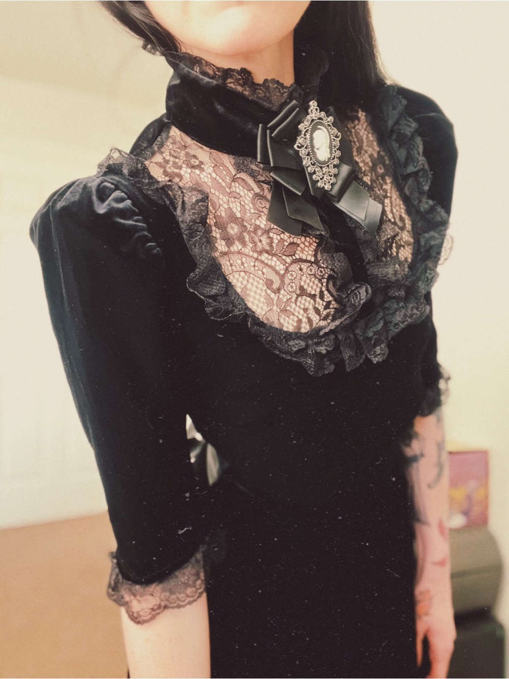 Widow Gothic Black Velvet Lace Mini Dress with Cameo Collar